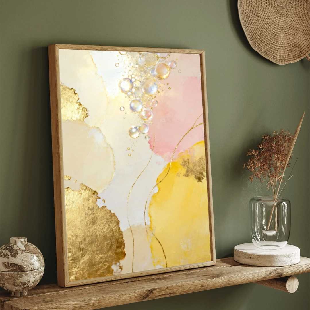 Scandinavian Minimalist Dark Watercolor Bubbles & Heavy Gold Leaf Painting | Vertical Modern Boho White Framed Wall Art 3 : 4 Vertical Premium Wall Art Canvas by MeriDeewar