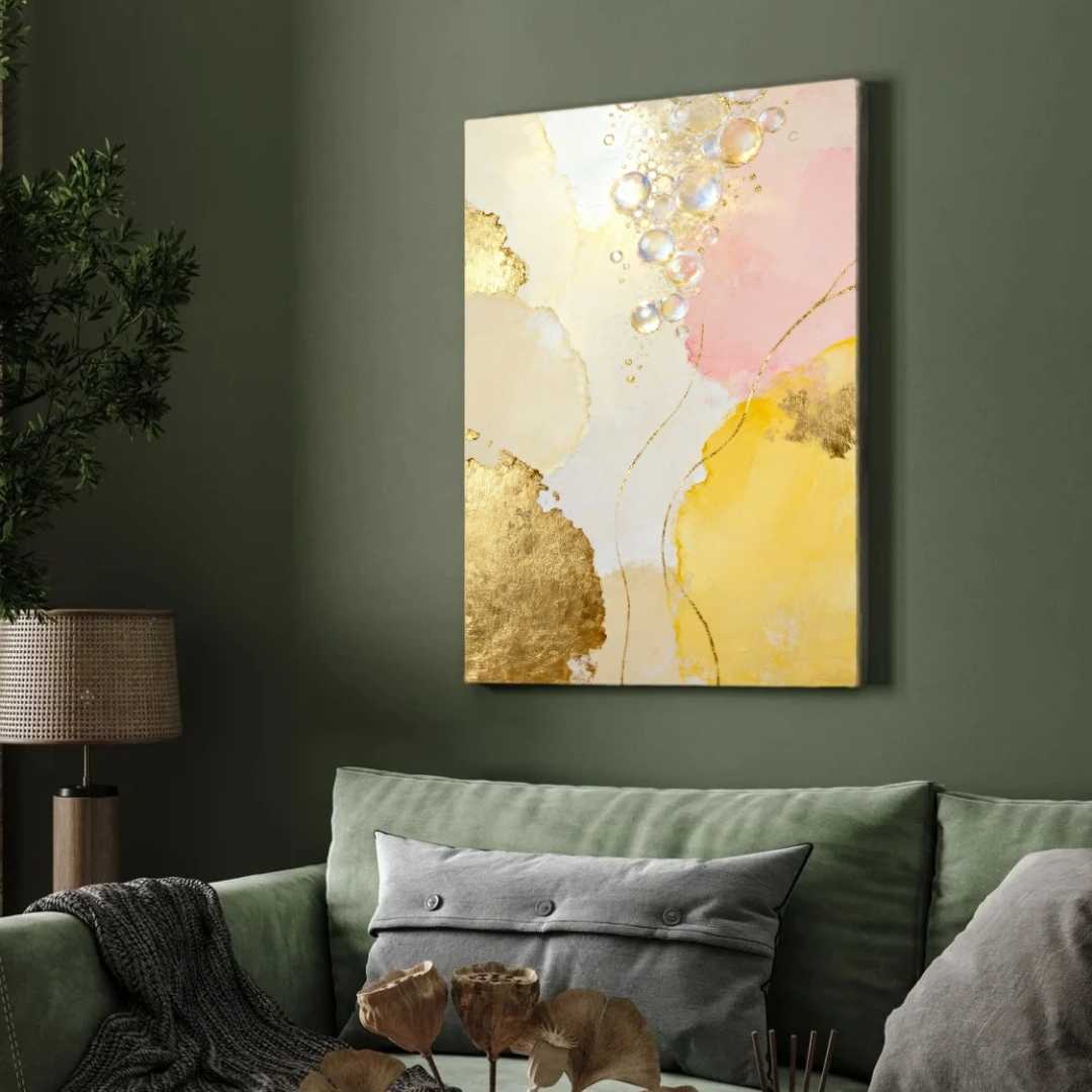 Scandinavian Minimalist Dark Watercolor Bubbles & Heavy Gold Leaf Painting | Vertical Modern Boho White Framed Wall Art 3 : 4 Vertical Premium Wall Art Canvas by MeriDeewar