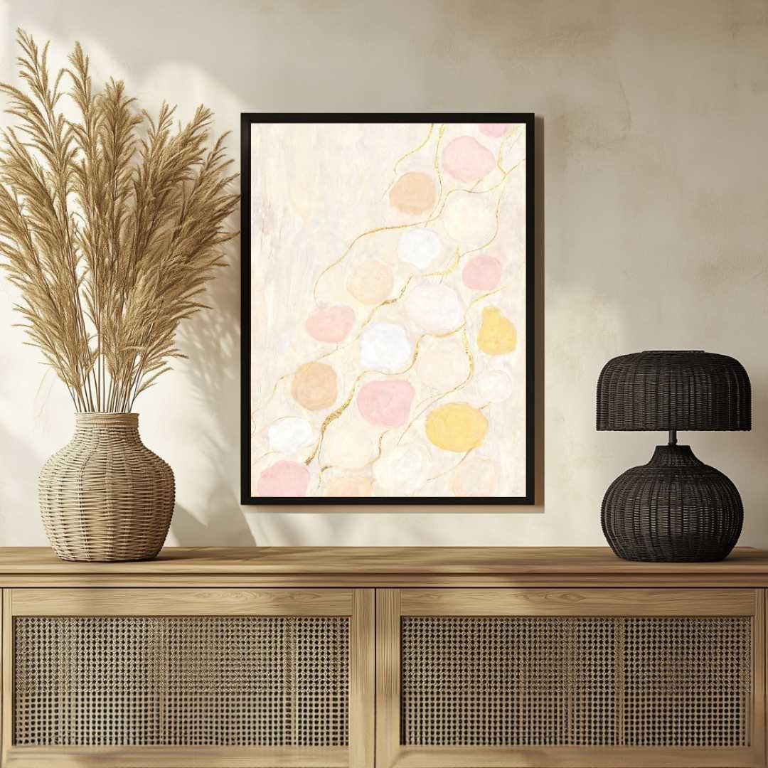 Scandinavian Minimalist Floating Pastel Shapes & Gold Leaf Painting | Vertical White Framed Wall Art 3 : 4 Vertical Premium Wall Art Canvas by MeriDeewar