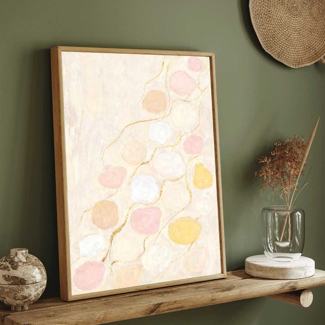 Scandinavian Minimalist Floating Pastel Shapes & Gold Leaf Painting | Vertical White Framed Wall Art 3 : 4 Vertical Premium Wall Art Canvas by MeriDeewar
