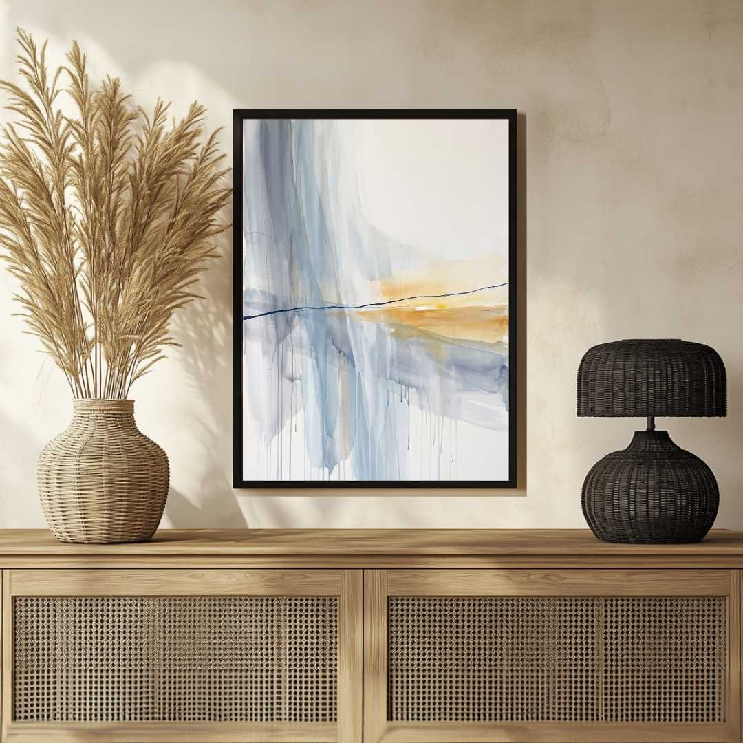 Scandinavian Minimalist Fluid Watercolor Slate Blue & Gold Abstract Painting | Vertical Modern Boho White Framed Wall Art 3 : 4 Vertical Premium Wall Art Canvas by MeriDeewar
