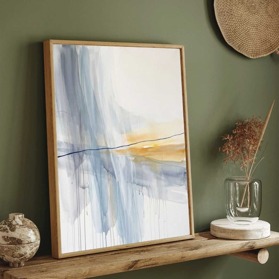 Scandinavian Minimalist Fluid Watercolor Slate Blue & Gold Abstract Painting | Vertical Modern Boho White Framed Wall Art 3 : 4 Vertical Premium Wall Art Canvas by MeriDeewar