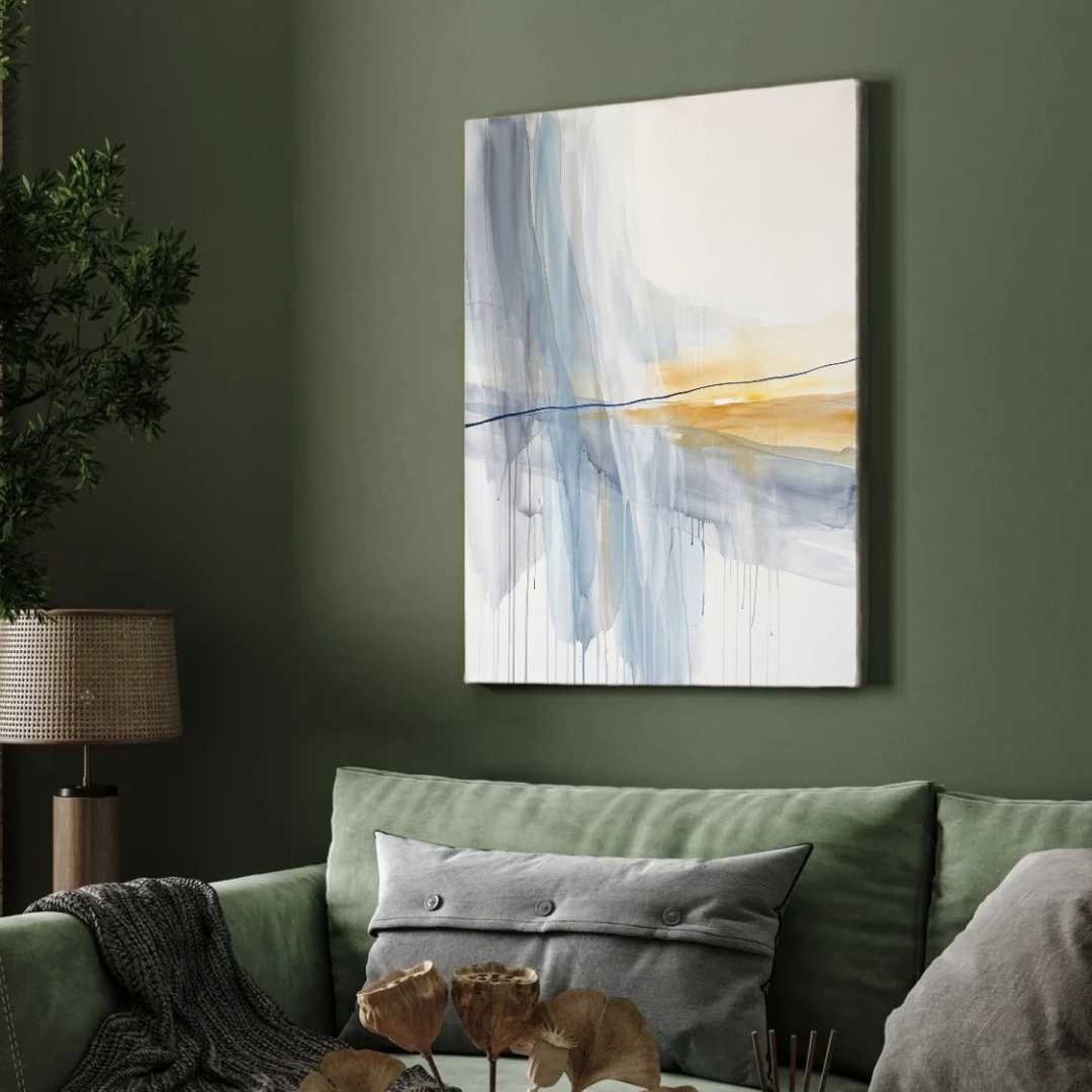 Scandinavian Minimalist Fluid Watercolor Slate Blue & Gold Abstract Painting | Vertical Modern Boho White Framed Wall Art 3 : 4 Vertical Premium Wall Art Canvas by MeriDeewar