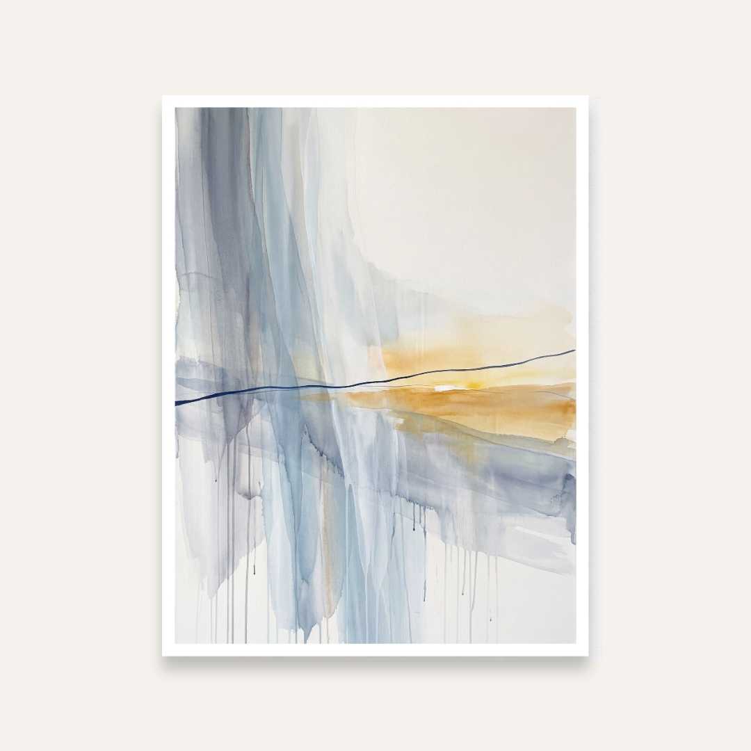 Scandinavian Minimalist Fluid Watercolor Slate Blue & Gold Abstract Painting | Vertical Modern Boho White Framed Wall Art 3 : 4 Vertical Premium Wall Art Canvas by MeriDeewar