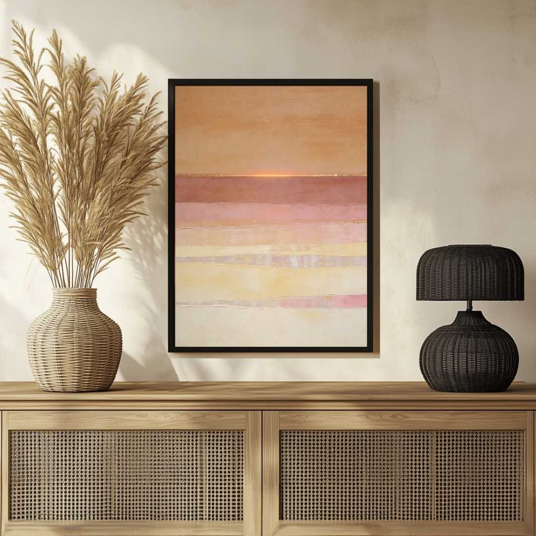 Scandinavian Minimalist Layered Sunset Peach & Pastel Pink Abstract Landscape Painting | Vertical Modern Boho White Framed Wall Art 3 : 4 Vertical Premium Wall Art Canvas by MeriDeewar
