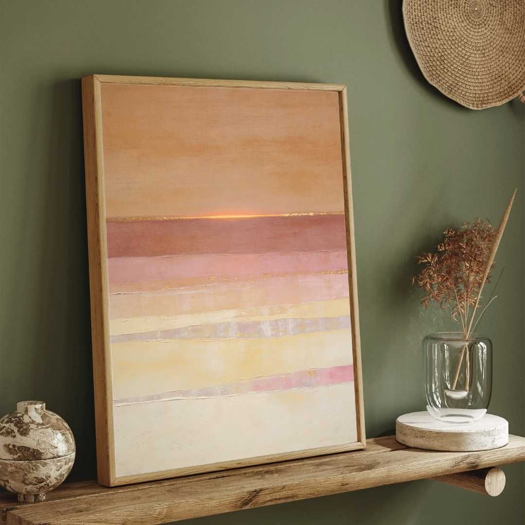 Scandinavian Minimalist Layered Sunset Peach & Pastel Pink Abstract Landscape Painting | Vertical Modern Boho White Framed Wall Art 3 : 4 Vertical Premium Wall Art Canvas by MeriDeewar
