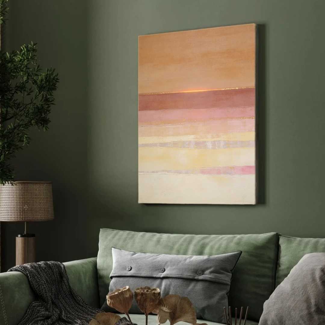 Scandinavian Minimalist Layered Sunset Peach & Pastel Pink Abstract Landscape Painting | Vertical Modern Boho White Framed Wall Art 3 : 4 Vertical Premium Wall Art Canvas by MeriDeewar