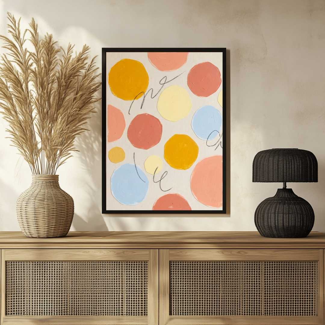 Scandinavian Minimalist Pastel Polka Dot & Cursive Line Abstract Painting | Vertical Modern Boho White Framed Wall Art 3 : 4 Vertical Premium Wall Art Canvas by MeriDeewar