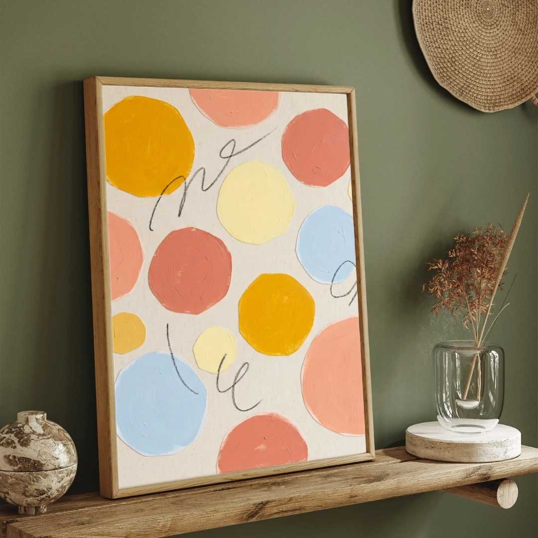 Scandinavian Minimalist Pastel Polka Dot & Cursive Line Abstract Painting | Vertical Modern Boho White Framed Wall Art 3 : 4 Vertical Premium Wall Art Canvas by MeriDeewar