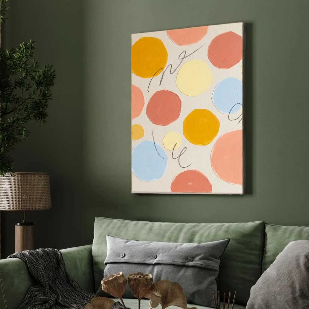 Scandinavian Minimalist Pastel Polka Dot & Cursive Line Abstract Painting | Vertical Modern Boho White Framed Wall Art 3 : 4 Vertical Premium Wall Art Canvas by MeriDeewar