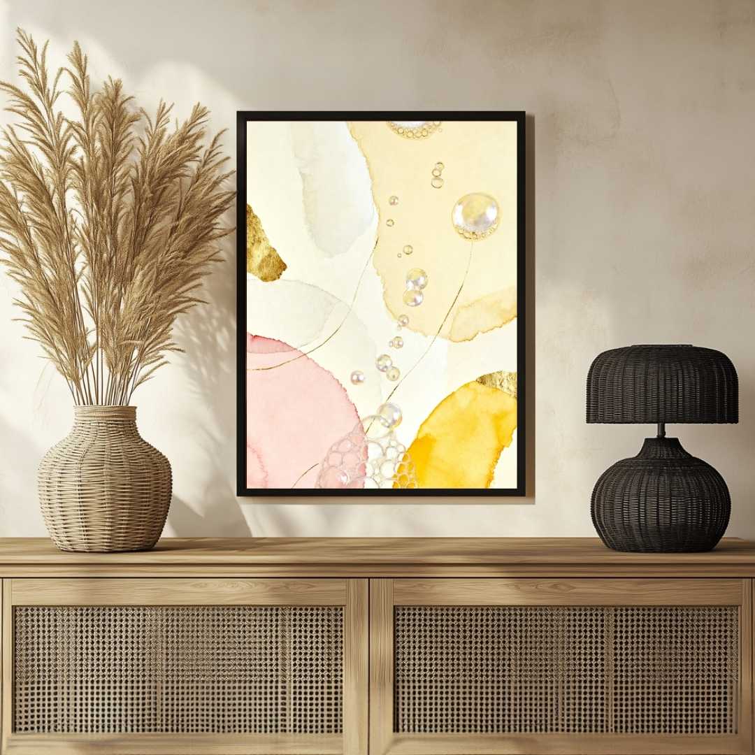 Scandinavian Minimalist Pastel Watercolor Bubbles & Gold Leaf Painting | Vertical Modern Boho White Framed Wall Art 3 : 4 Vertical Premium Wall Art Canvas by MeriDeewar