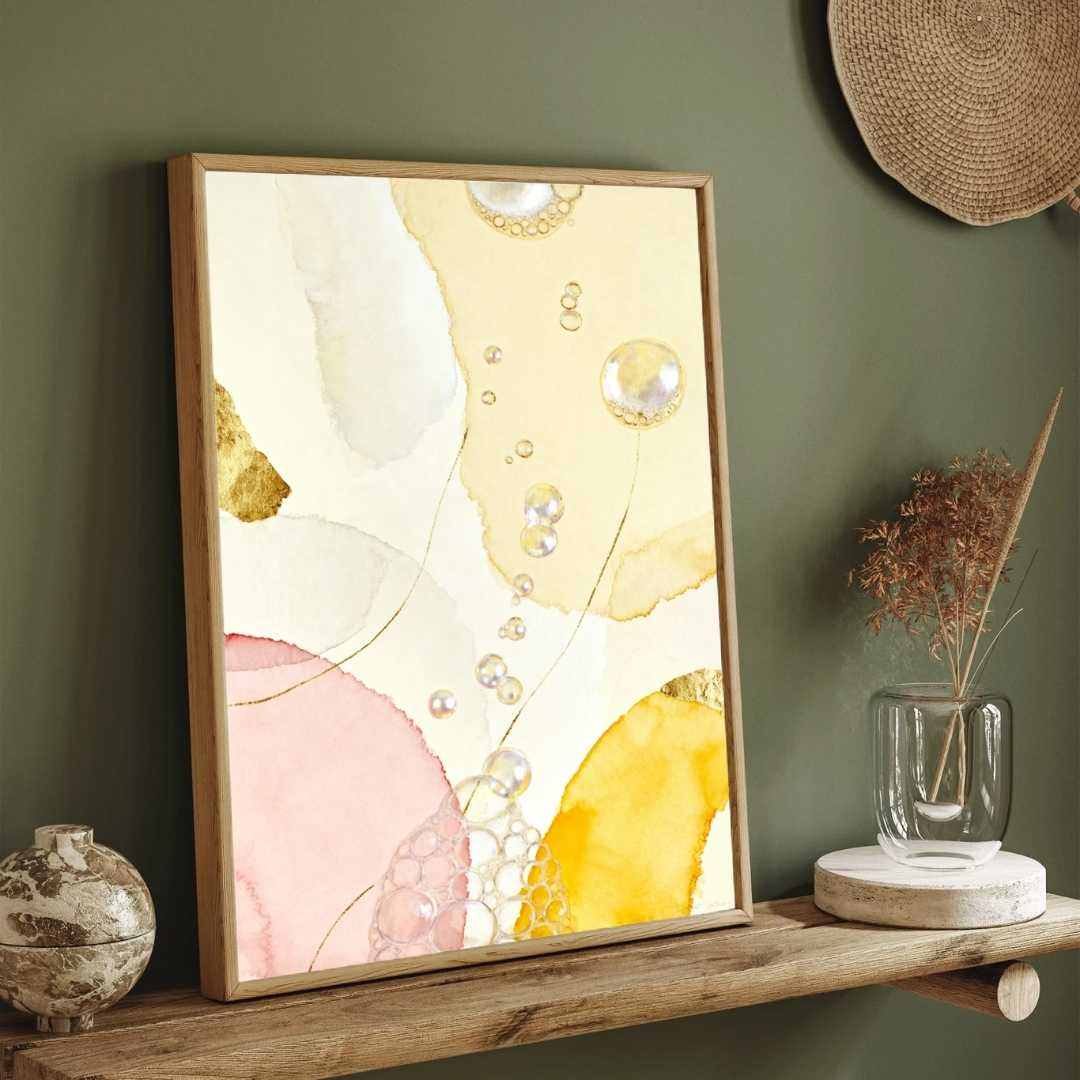Scandinavian Minimalist Pastel Watercolor Bubbles & Gold Leaf Painting | Vertical Modern Boho White Framed Wall Art 3 : 4 Vertical Premium Wall Art Canvas by MeriDeewar