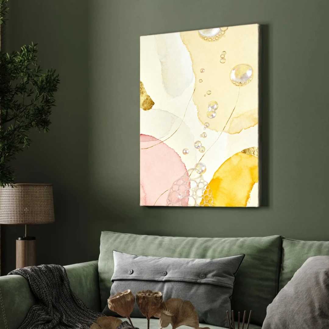 Scandinavian Minimalist Pastel Watercolor Bubbles & Gold Leaf Painting | Vertical Modern Boho White Framed Wall Art 3 : 4 Vertical Premium Wall Art Canvas by MeriDeewar