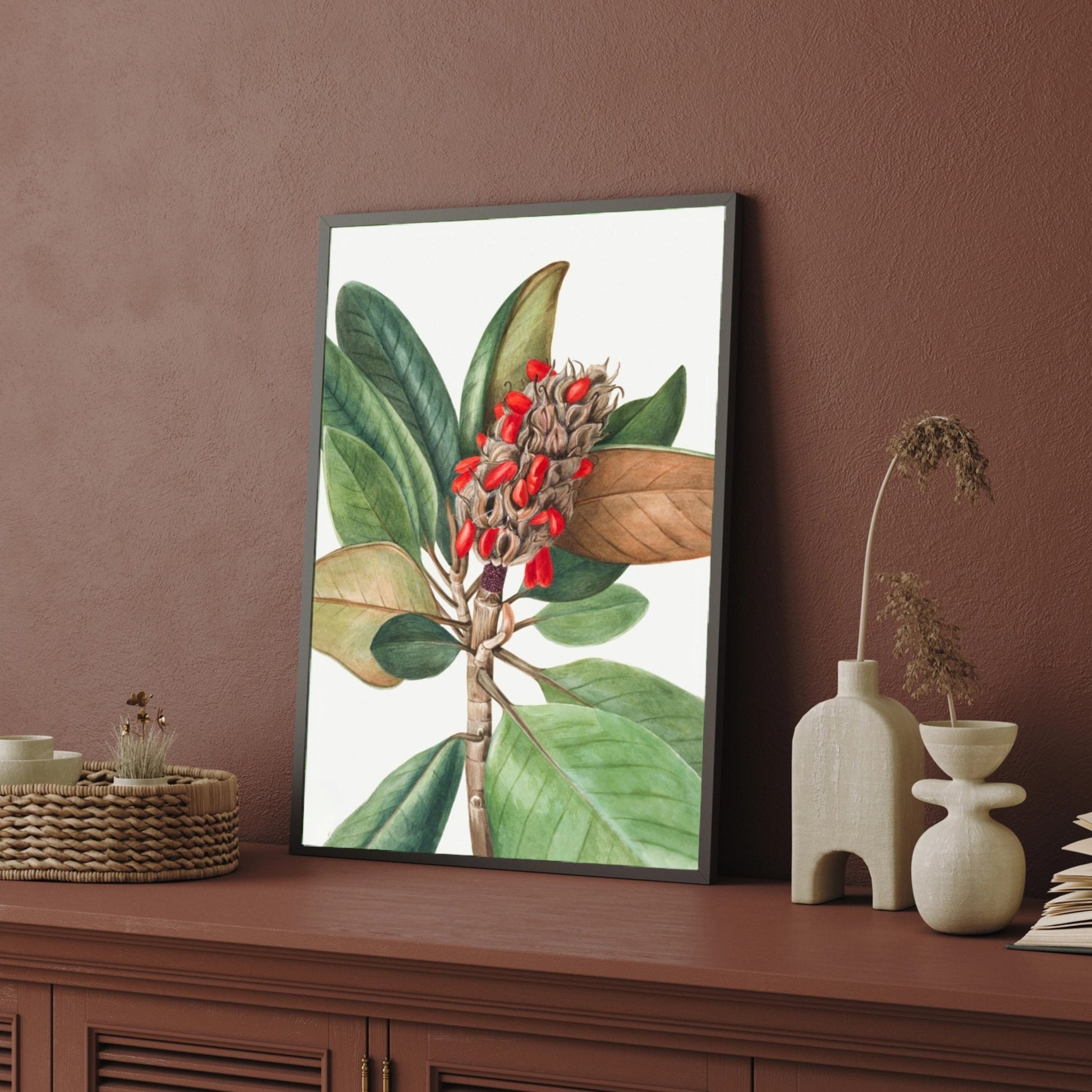 Scarlet Seeds – Botanical Leaf & Pod Canvas Wall Art 2 : 3 Vertical Premium Wall Art Canvas by MeriDeewar