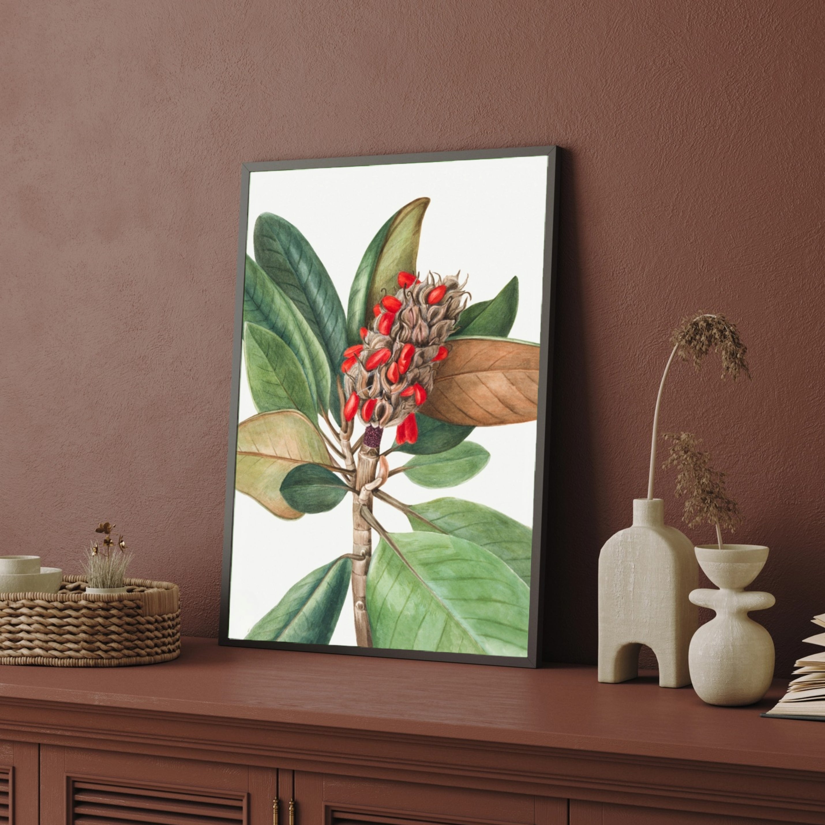 Scarlet Seeds – Botanical Leaf & Pod Canvas Wall Art 2 : 3 Vertical Premium Wall Art Canvas by MeriDeewar
