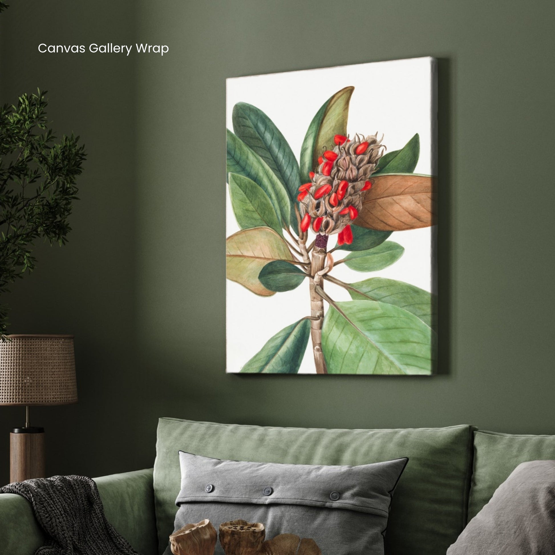 Scarlet Seeds – Botanical Leaf & Pod Canvas Wall Art 2 : 3 Vertical Premium Wall Art Canvas by MeriDeewar