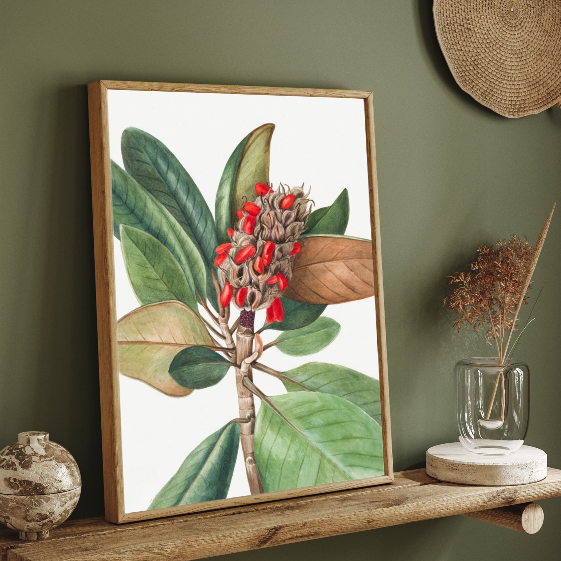 Scarlet Seeds – Botanical Leaf & Pod Canvas Wall Art 2 : 3 Vertical Premium Wall Art Canvas by MeriDeewar