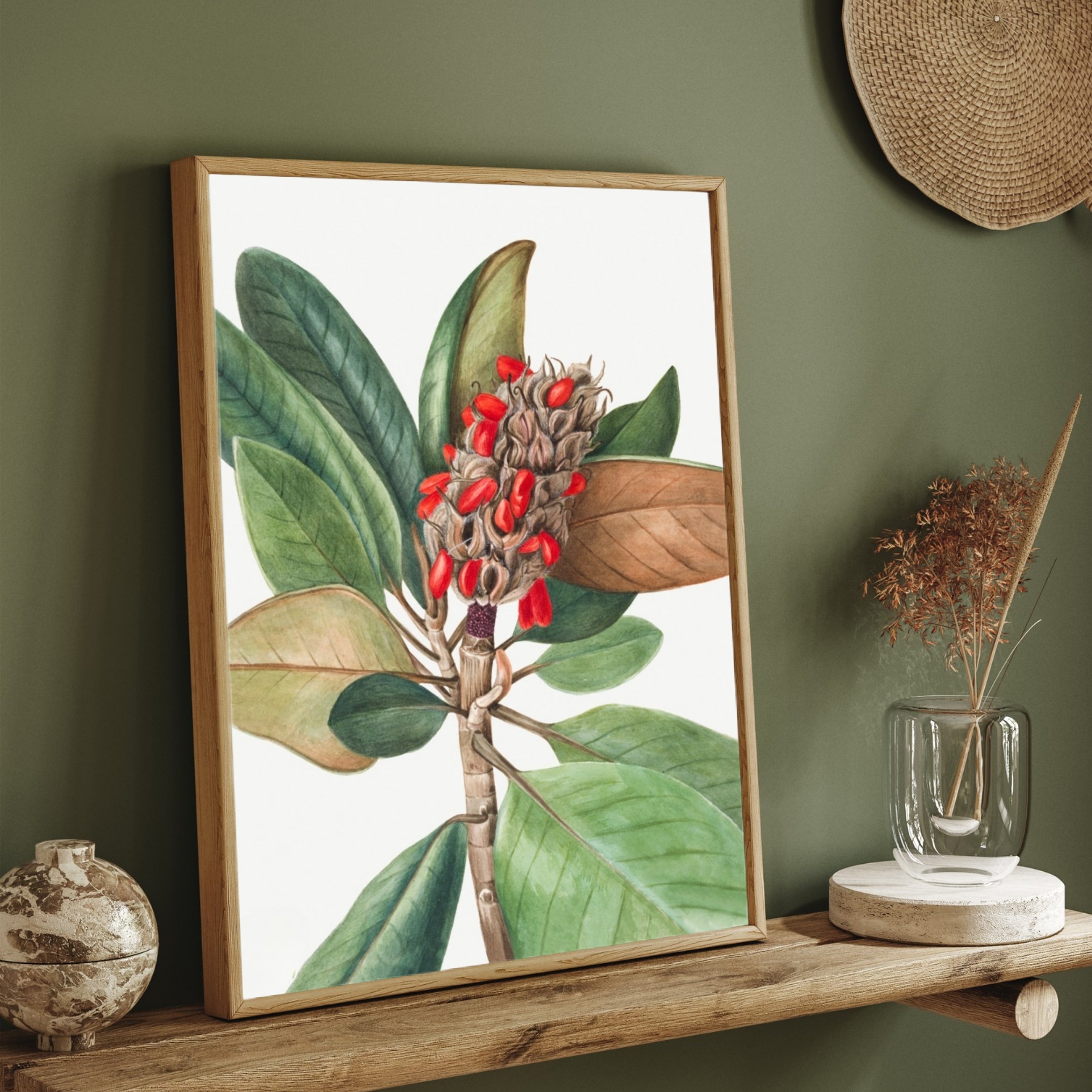 Scarlet Seeds – Botanical Leaf & Pod Canvas Wall Art 2 : 3 Vertical Premium Wall Art Canvas by MeriDeewar
