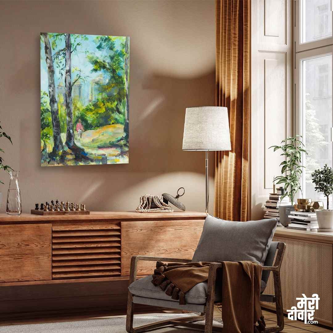 Scenery Painting for Living Room – Green Forest Birch Trees | Nature Wall Art Print 2 : 3 Vertical Premium Wall Art Canvas by MeriDeewar