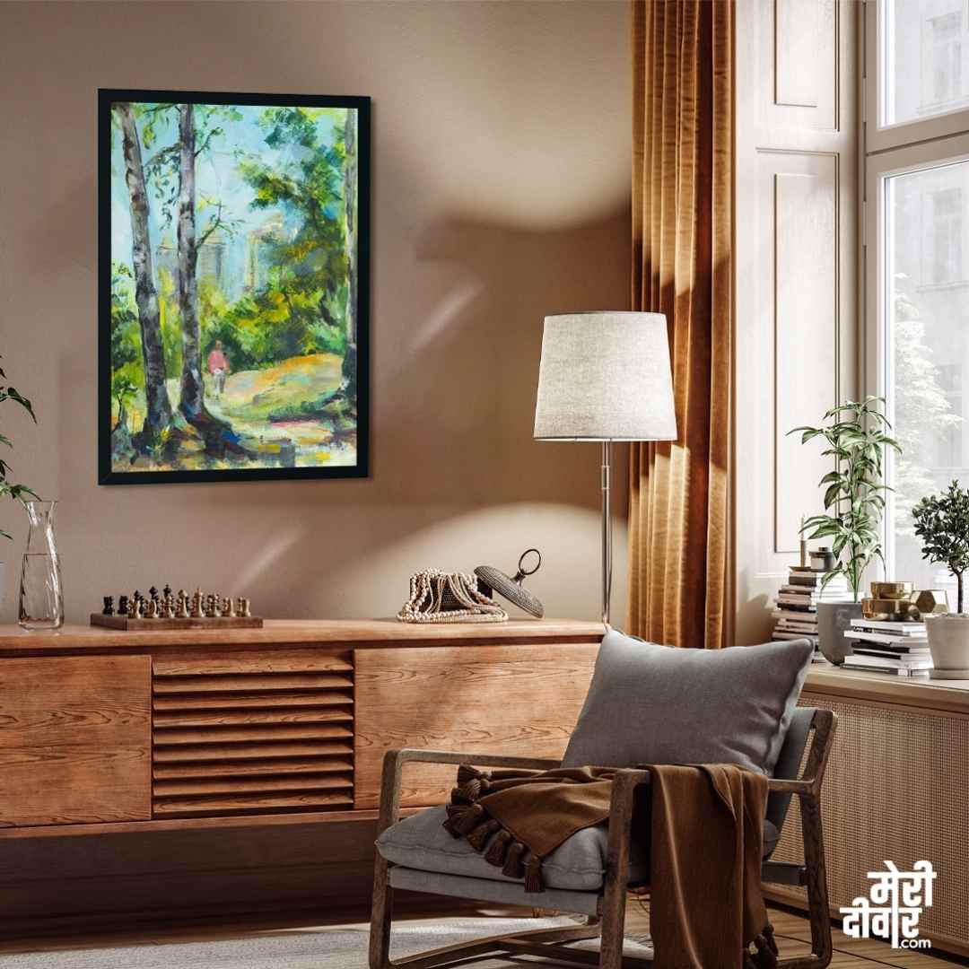 Scenery Painting for Living Room – Green Forest Birch Trees | Nature Wall Art Print 2 : 3 Vertical Premium Wall Art Canvas by MeriDeewar