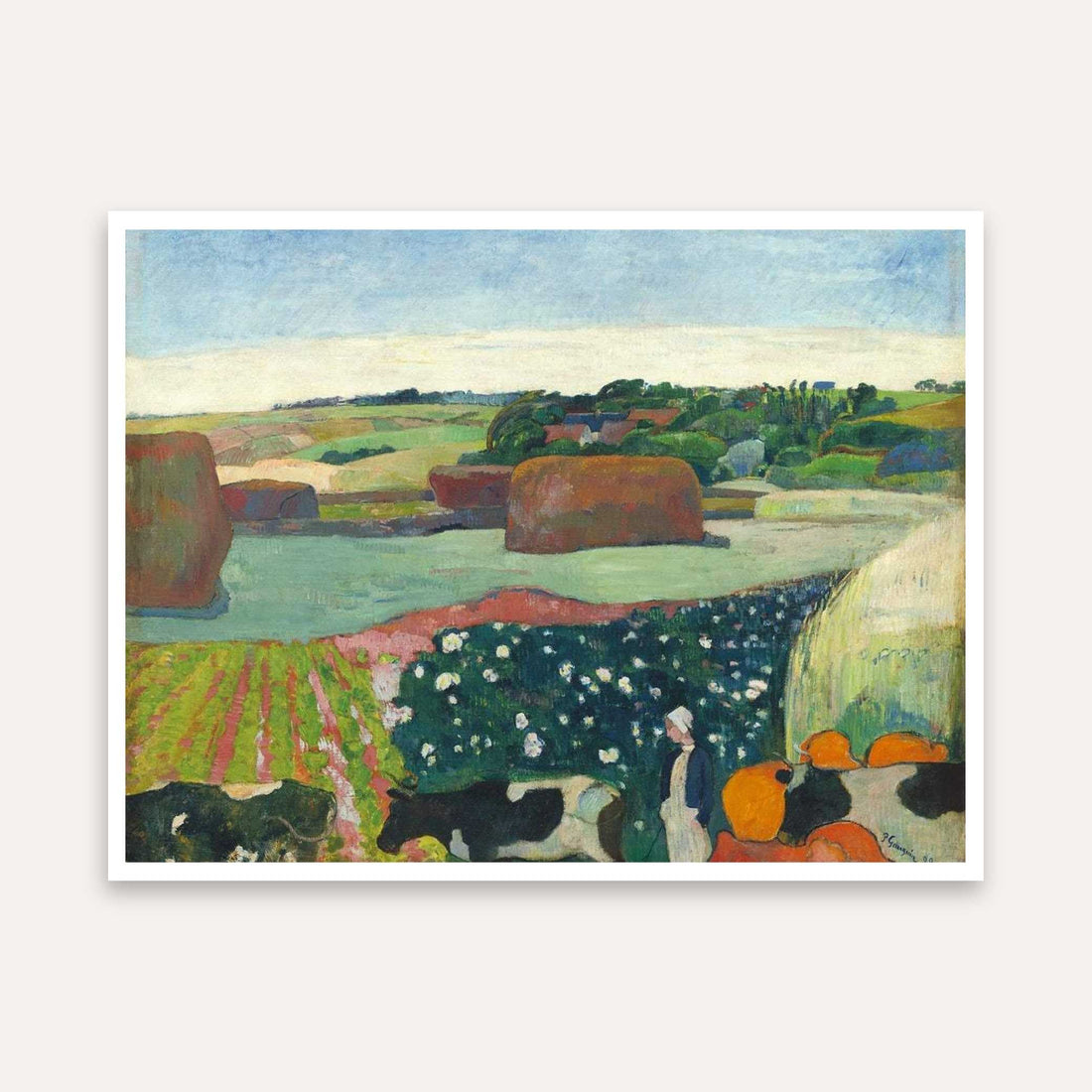 Scenery Painting for Living Room – Haystacks in Brittany by Paul Gauguin | Giclée Art Print 4 : 3 Horizontal Premium Wall Art Canvas by MeriDeewar