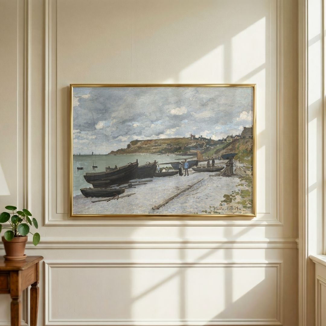 Scenery Painting for Living Room – Monet Beach & Boats Wall Art | Giclée Print 3 : 2 Horizontal Premium Wall Art Canvas by MeriDeewar