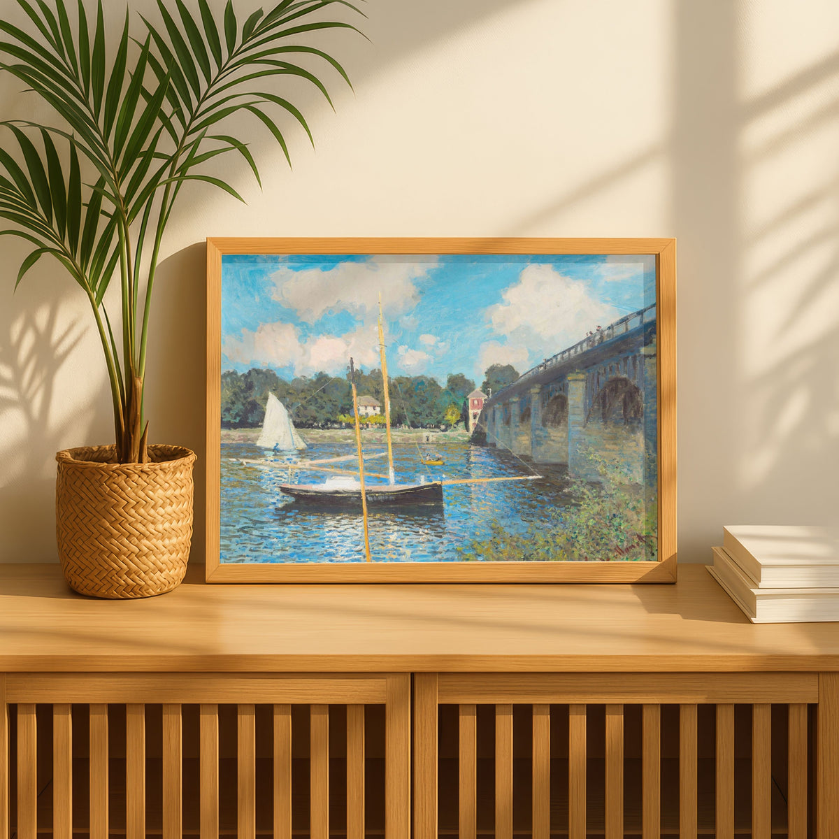 Scenery Painting for Living Room – Monet Bridge at Argenteuil | River Boat Wall Art 3 : 4 Horizontal New Premium Wall Art Canvas by MeriDeewar