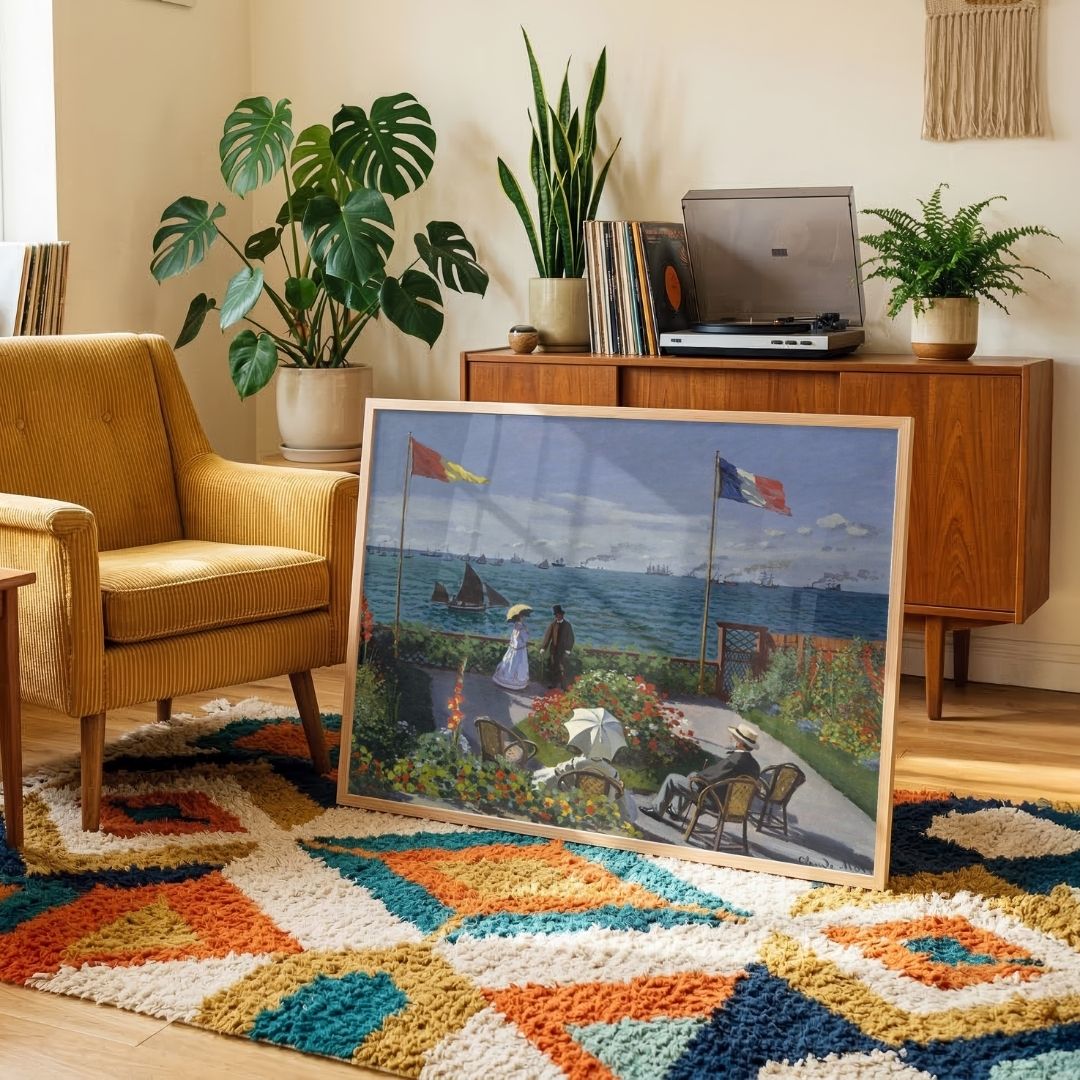 Scenery Painting for Living Room – Monet Garden by the Sea | Floral Coastal Wall Art 4 : 3 Horizontal Premium Wall Art Canvas by MeriDeewar