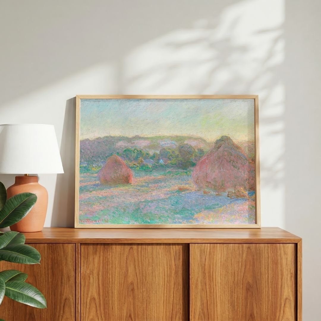 Scenery Painting for Living Room – Monet Haystacks End of Summer | Impressionist Wall Art 3 : 2 Horizontal Premium Wall Art Canvas by MeriDeewar