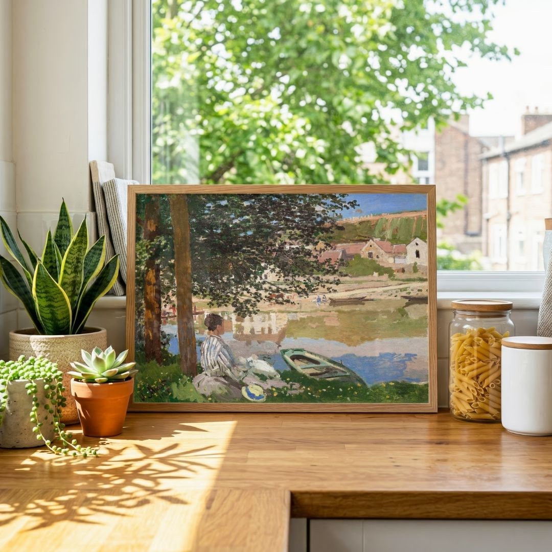 Scenery Painting for Living Room – Monet Riverside Landscape | Calming Nature Wall Art 4 : 3 Horizontal Premium Wall Art Canvas by MeriDeewar