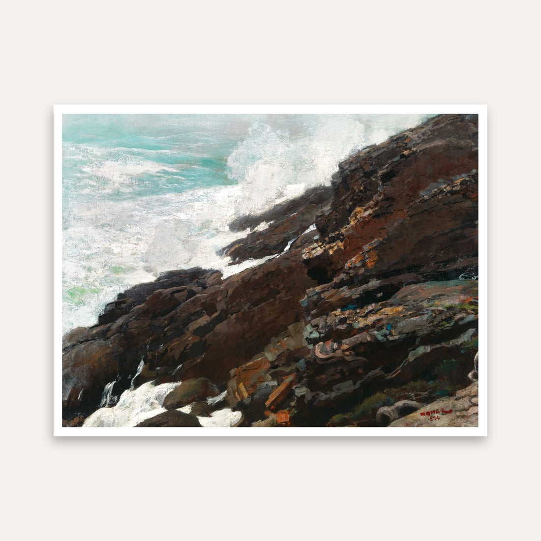 Scenery Painting for Living Room – Ocean Waves Crashing on Rocks | Winslow Homer Wall Art 4 : 3 Horizontal Premium Wall Art Canvas by MeriDeewar