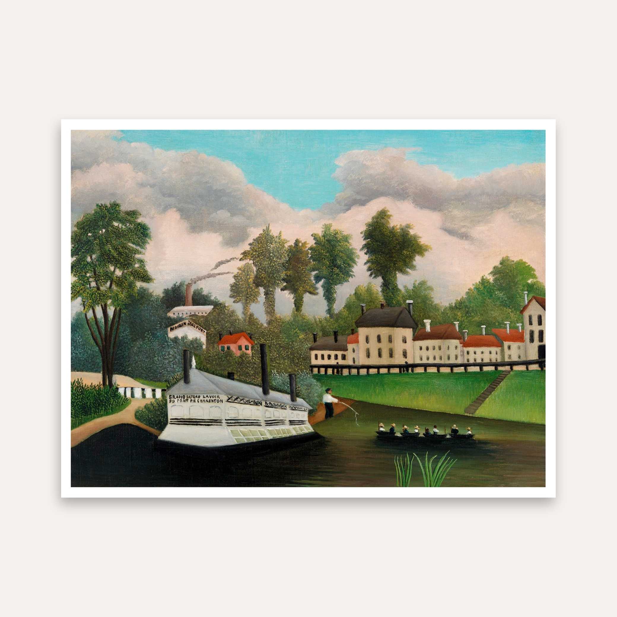 Scenery Painting for Living Room – River Boat Landscape by Henri Rousseau | Wall Art Print 5 : 4 Horizontal Premium Wall Art Canvas by MeriDeewar
