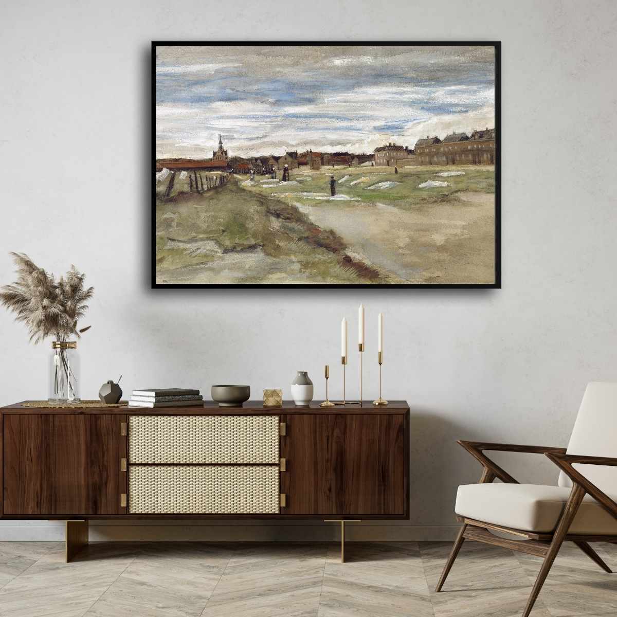 Scenery Painting for Living Room – Van Gogh Bleachery at Scheveningen 1882 | Wall Art Print 3 : 2 Horizontal Premium Wall Art Canvas by MeriDeewar