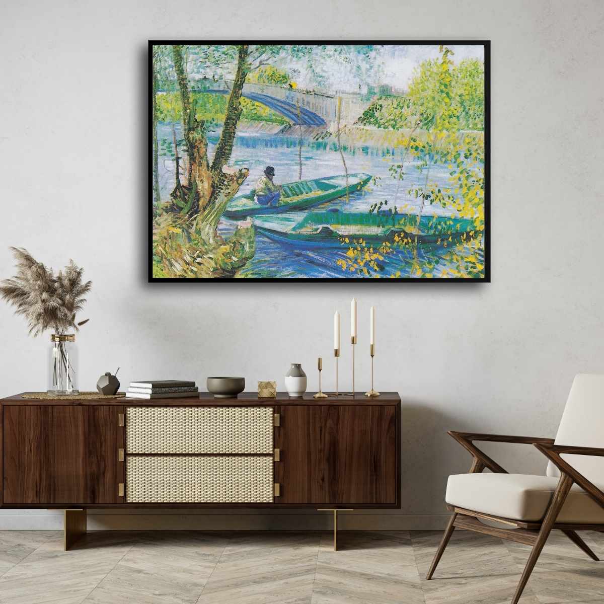 Scenery Painting for Living Room – Van Gogh Fishing in Spring | River Nature Wall Art 4 : 3 Horizontal Premium Wall Art Canvas by MeriDeewar