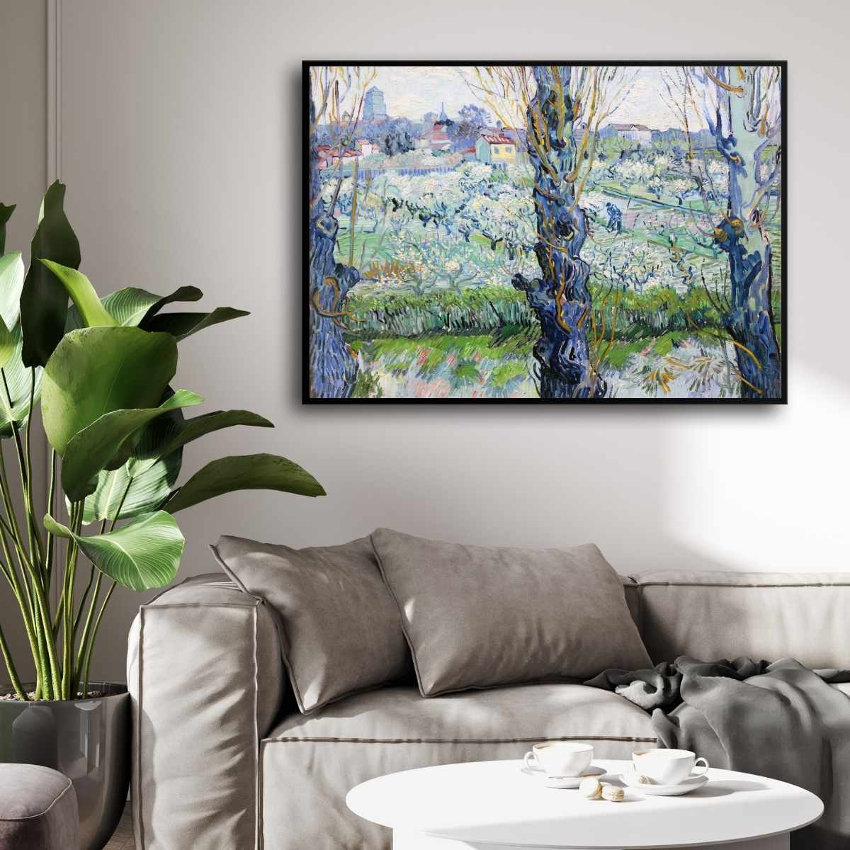 Scenery Painting for Living Room – Van Gogh Flowering Orchards | Nature Wall Art Print 4 : 3 Horizontal Premium Wall Art Canvas by MeriDeewar