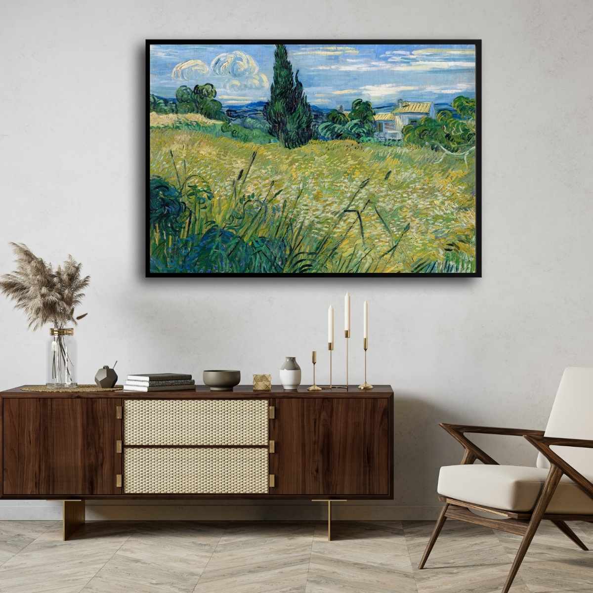 Scenery Painting for Living Room – Van Gogh Green Wheat Field with Cypress | Nature Wall Art 4 : 3 Horizontal Premium Wall Art Canvas by MeriDeewar