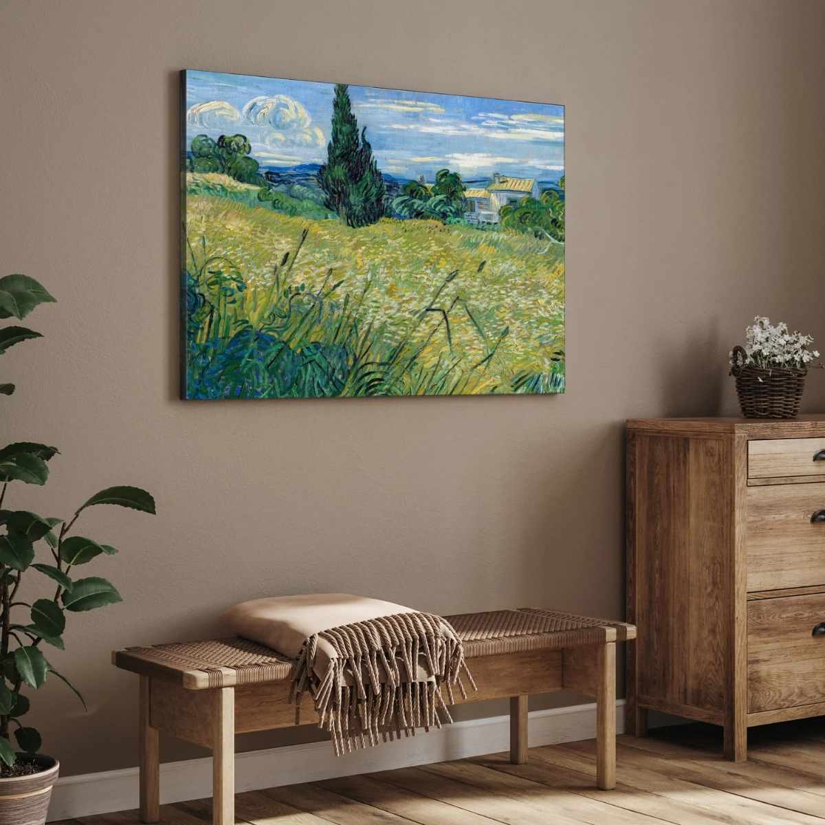 Scenery Painting for Living Room – Van Gogh Green Wheat Field with Cypress | Nature Wall Art 4 : 3 Horizontal Premium Wall Art Canvas by MeriDeewar