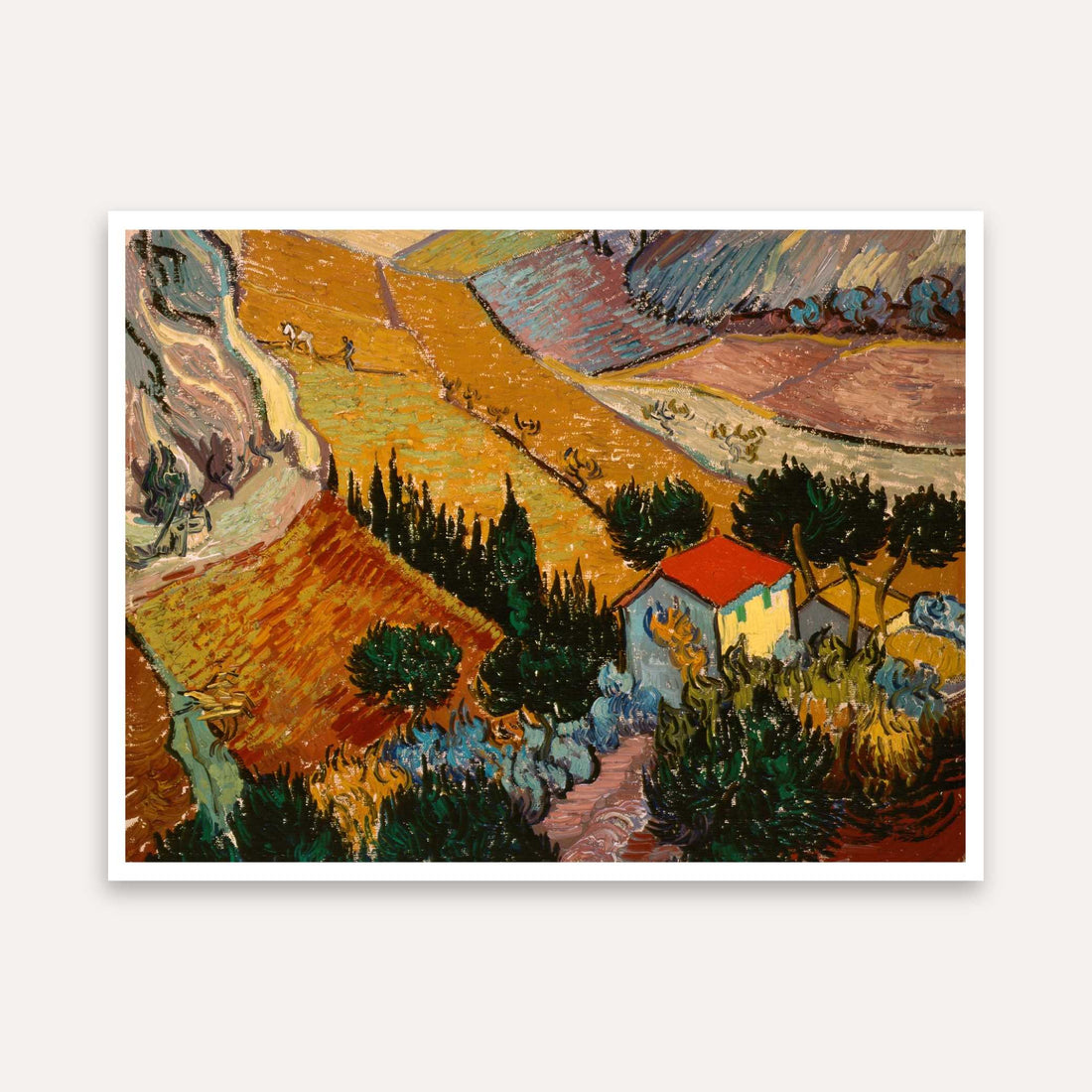 Scenery Painting for Living Room – Van Gogh Landscape with House & Ploughman | Giclée Print 4 : 3 Horizontal Premium Wall Art Canvas by MeriDeewar