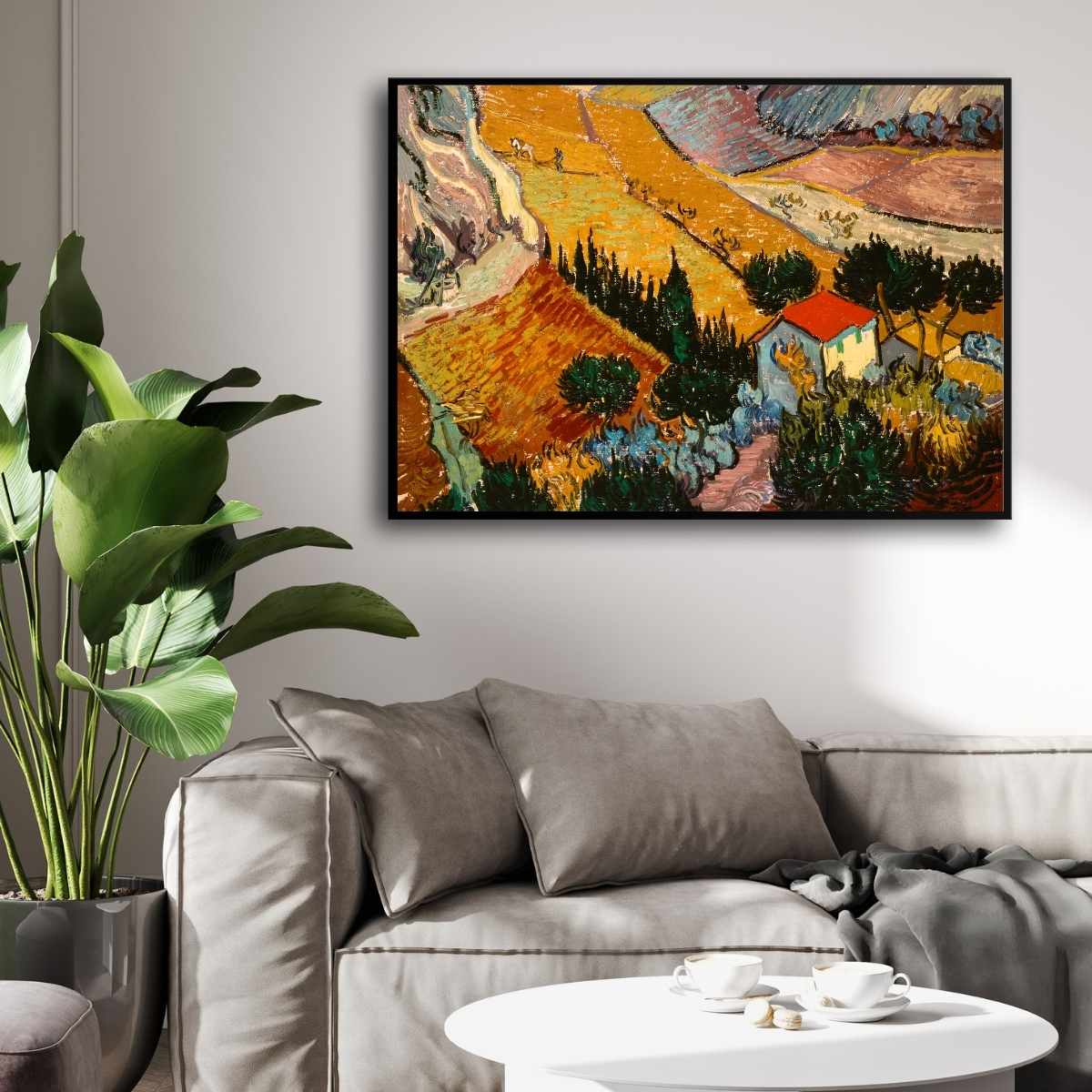 Scenery Painting for Living Room – Van Gogh Landscape with House & Ploughman | Giclée Print 4 : 3 Horizontal Premium Wall Art Canvas by MeriDeewar