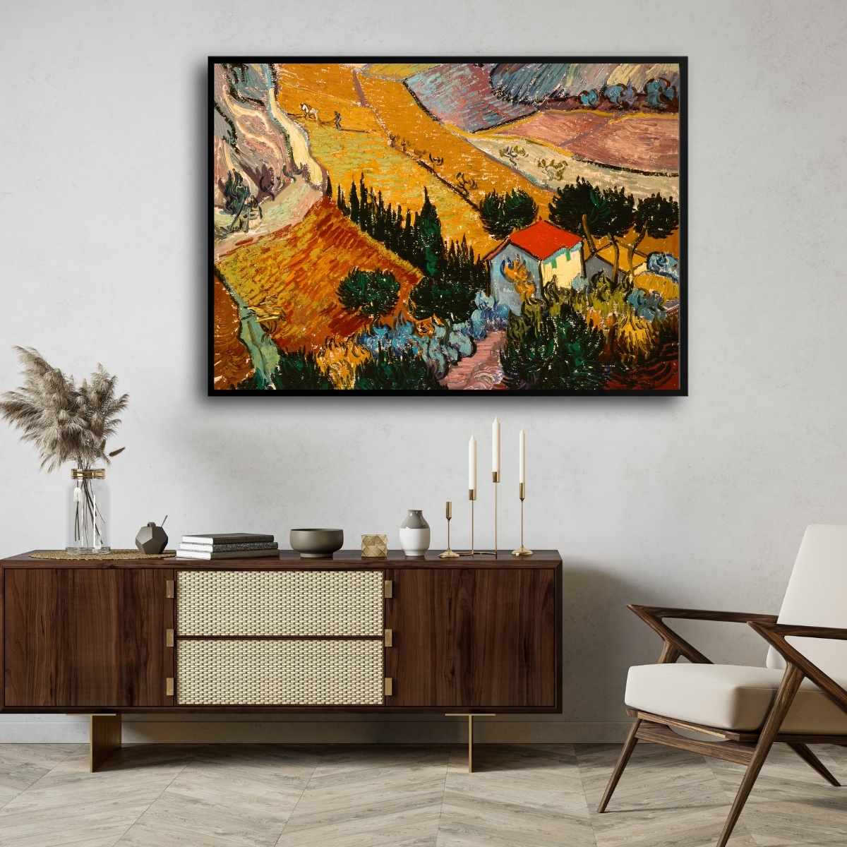 Scenery Painting for Living Room – Van Gogh Landscape with House & Ploughman | Giclée Print 4 : 3 Horizontal Premium Wall Art Canvas by MeriDeewar