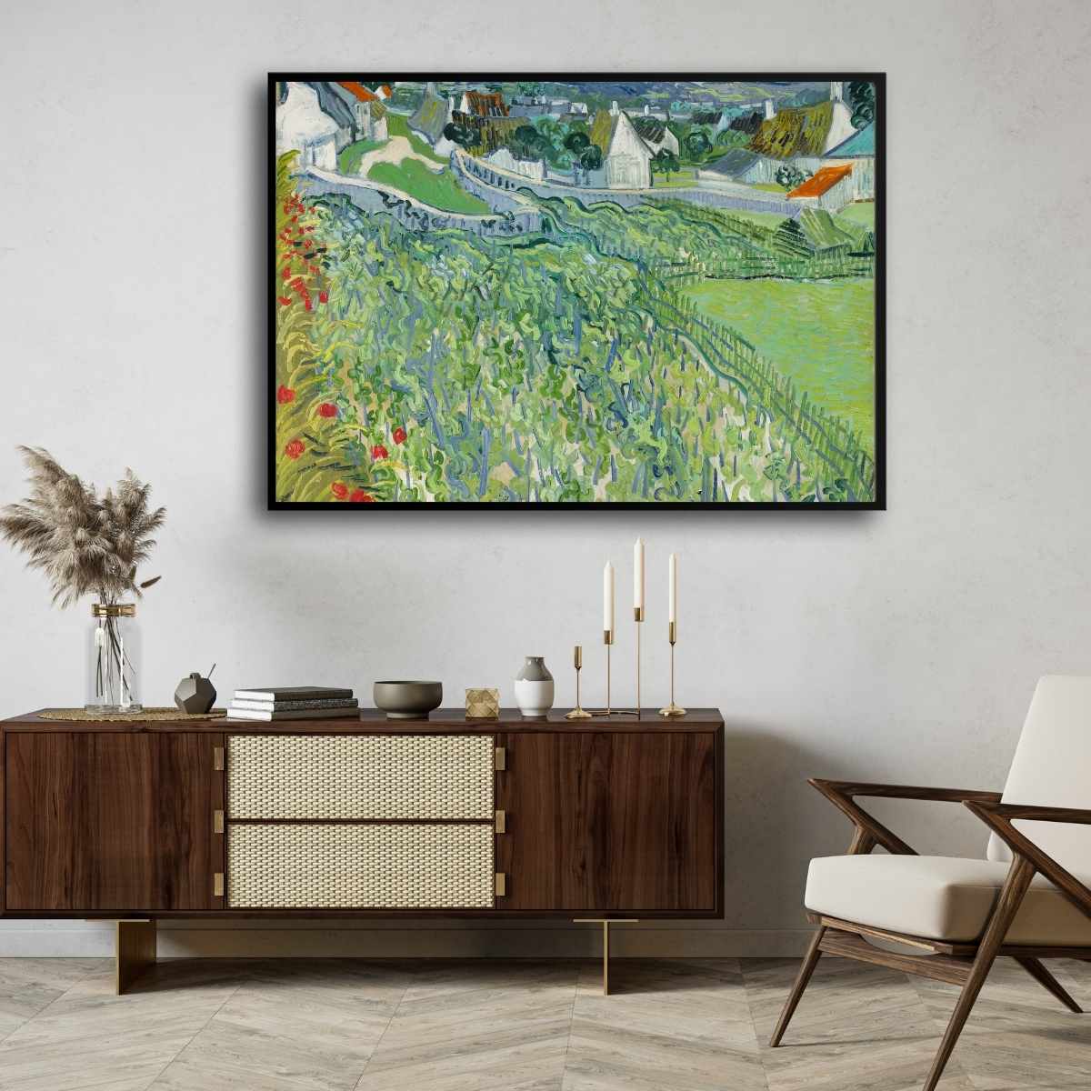 Scenery Painting for Living Room – Van Gogh Vineyards at Auvers | Green Nature Wall Art 4 : 3 Horizontal Premium Wall Art Canvas by MeriDeewar