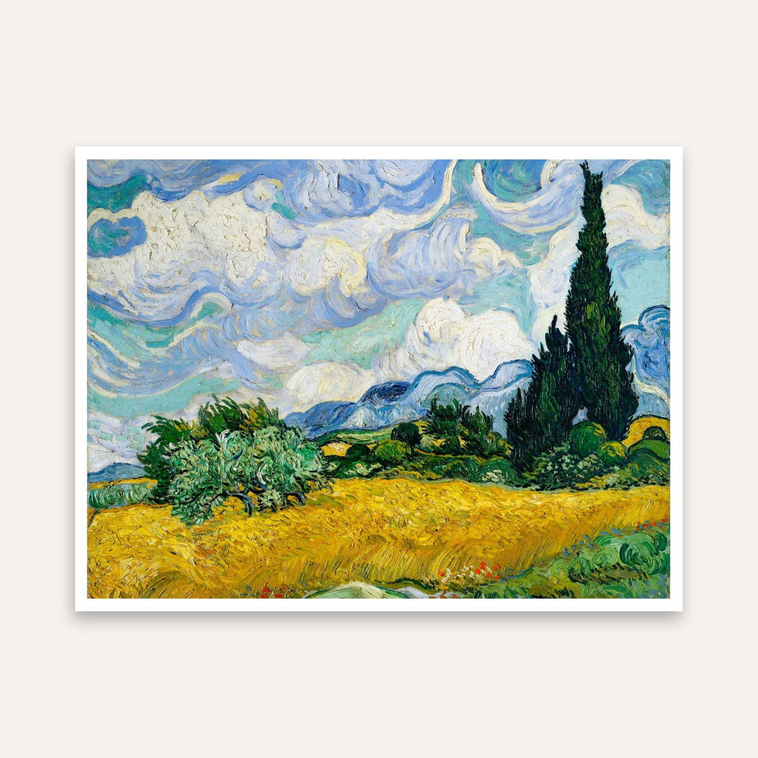 Scenery Painting for Living Room – Van Gogh Wheat Field with Cypresses | Wall Art Print 4 : 3 Horizontal Premium Wall Art Canvas by MeriDeewar