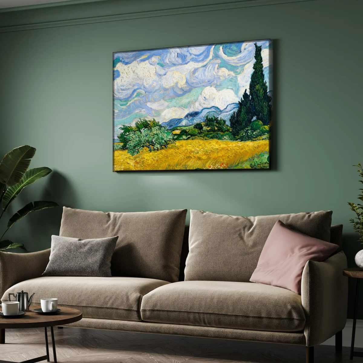 Scenery Painting for Living Room – Van Gogh Wheat Field with Cypresses | Wall Art Print 4 : 3 Horizontal Premium Wall Art Canvas by MeriDeewar