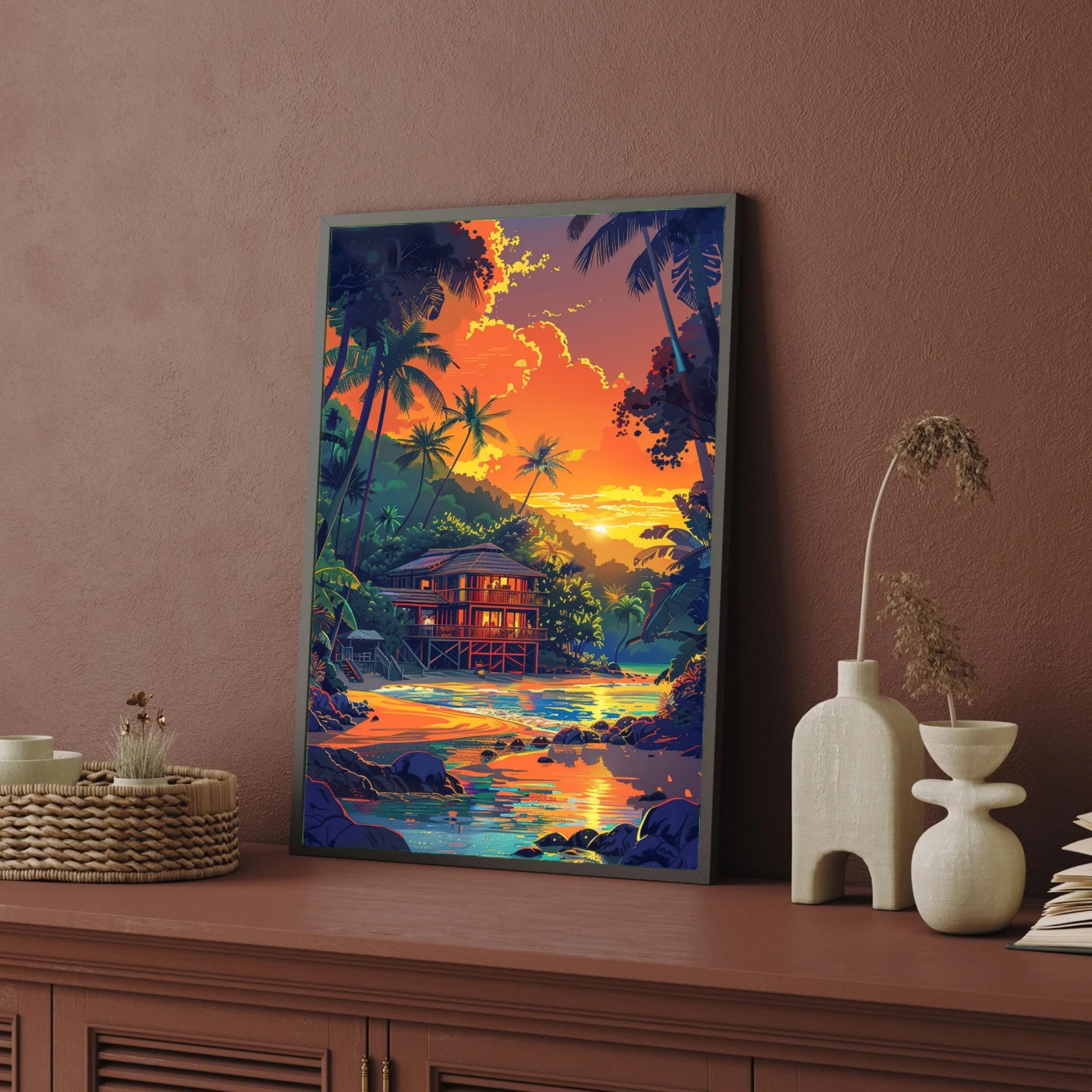 Seaside Hut Painting | Coastal Beach House Artwork for Wall Decor 2 : 3 Vertical Premium Wall Art Canvas by MeriDeewar