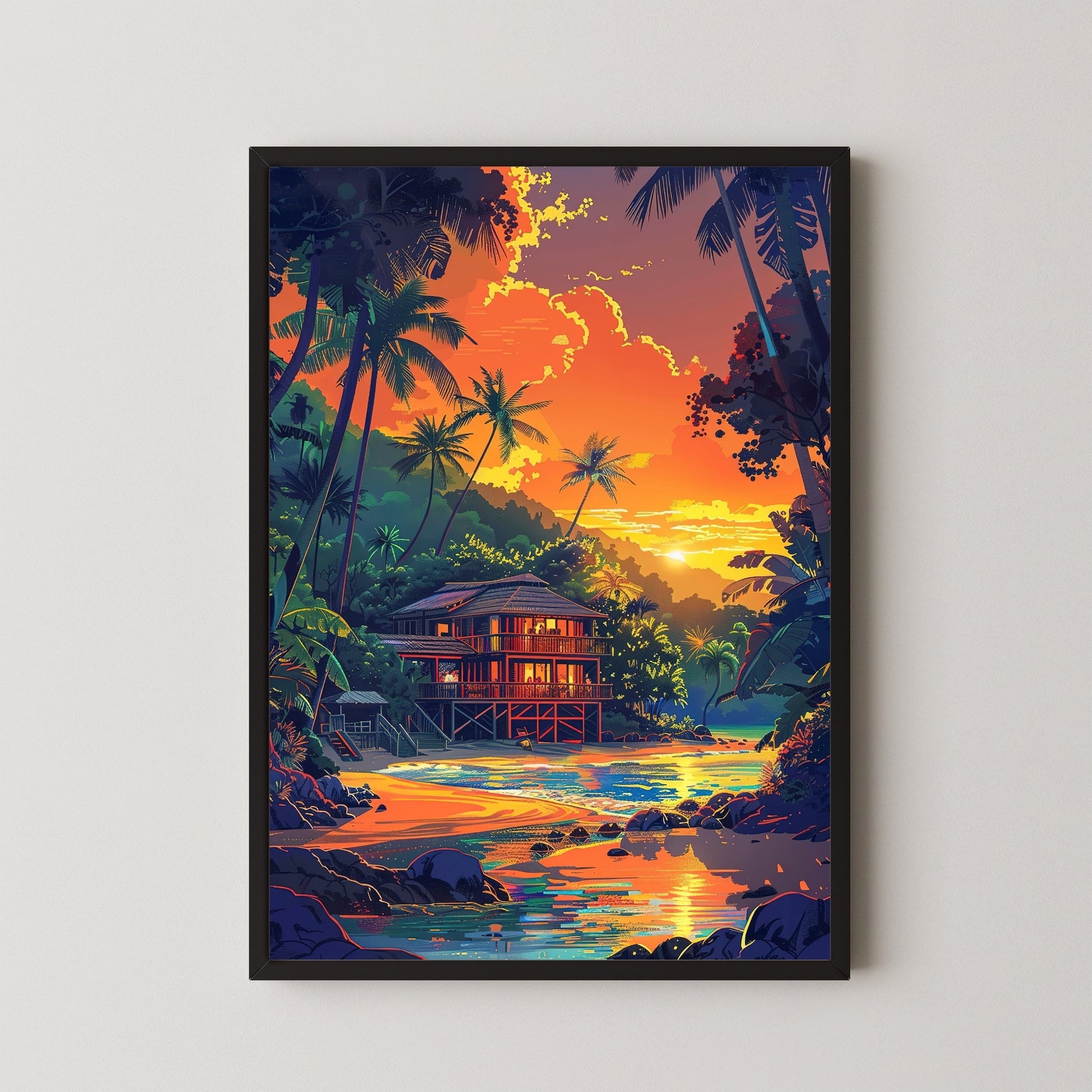 Seaside Hut Painting | Coastal Beach House Artwork for Wall Decor 2 : 3 Vertical Premium Wall Art Canvas by MeriDeewar