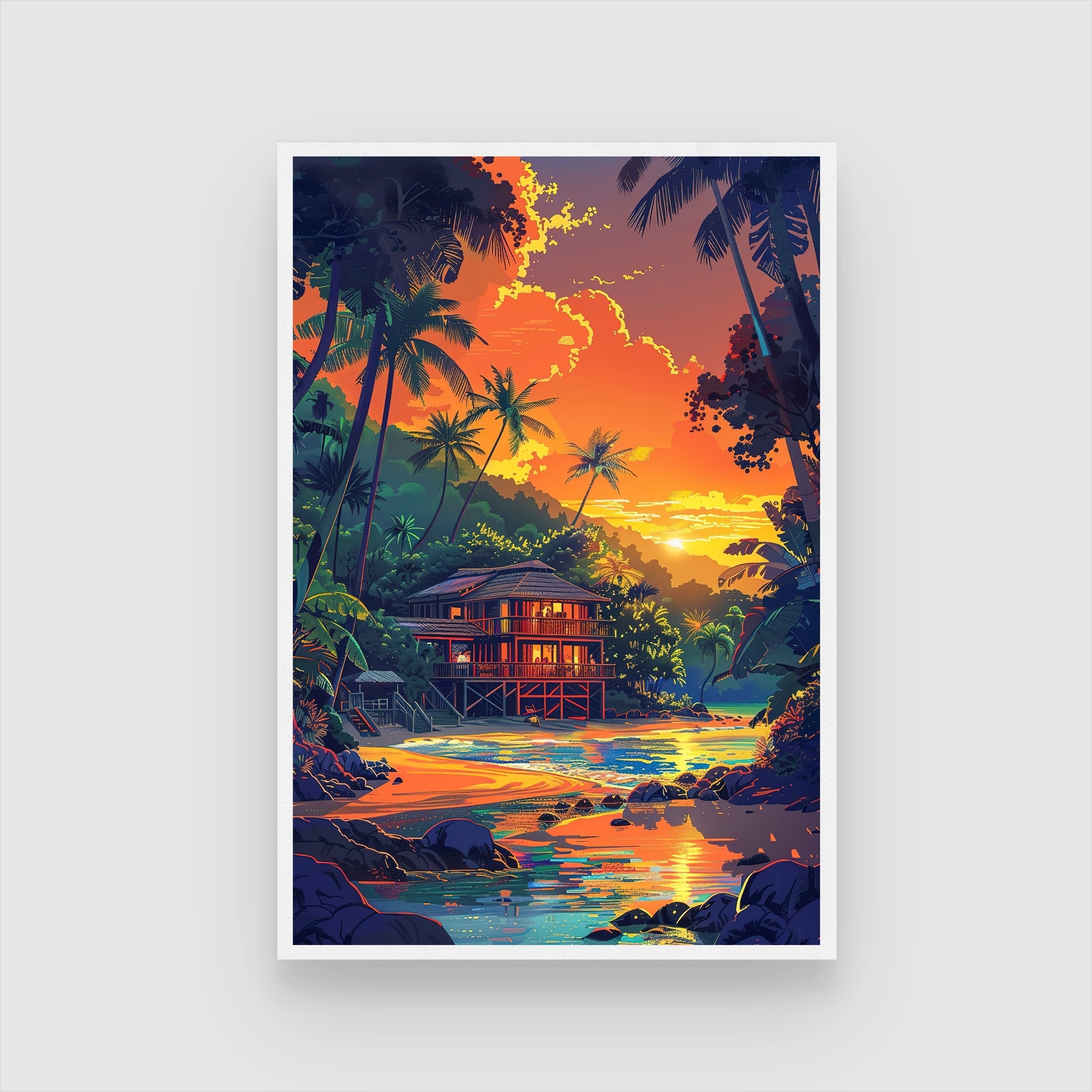 Seaside Hut Painting | Coastal Beach House Artwork for Wall Decor 2 : 3 Vertical Premium Wall Art Canvas by MeriDeewar