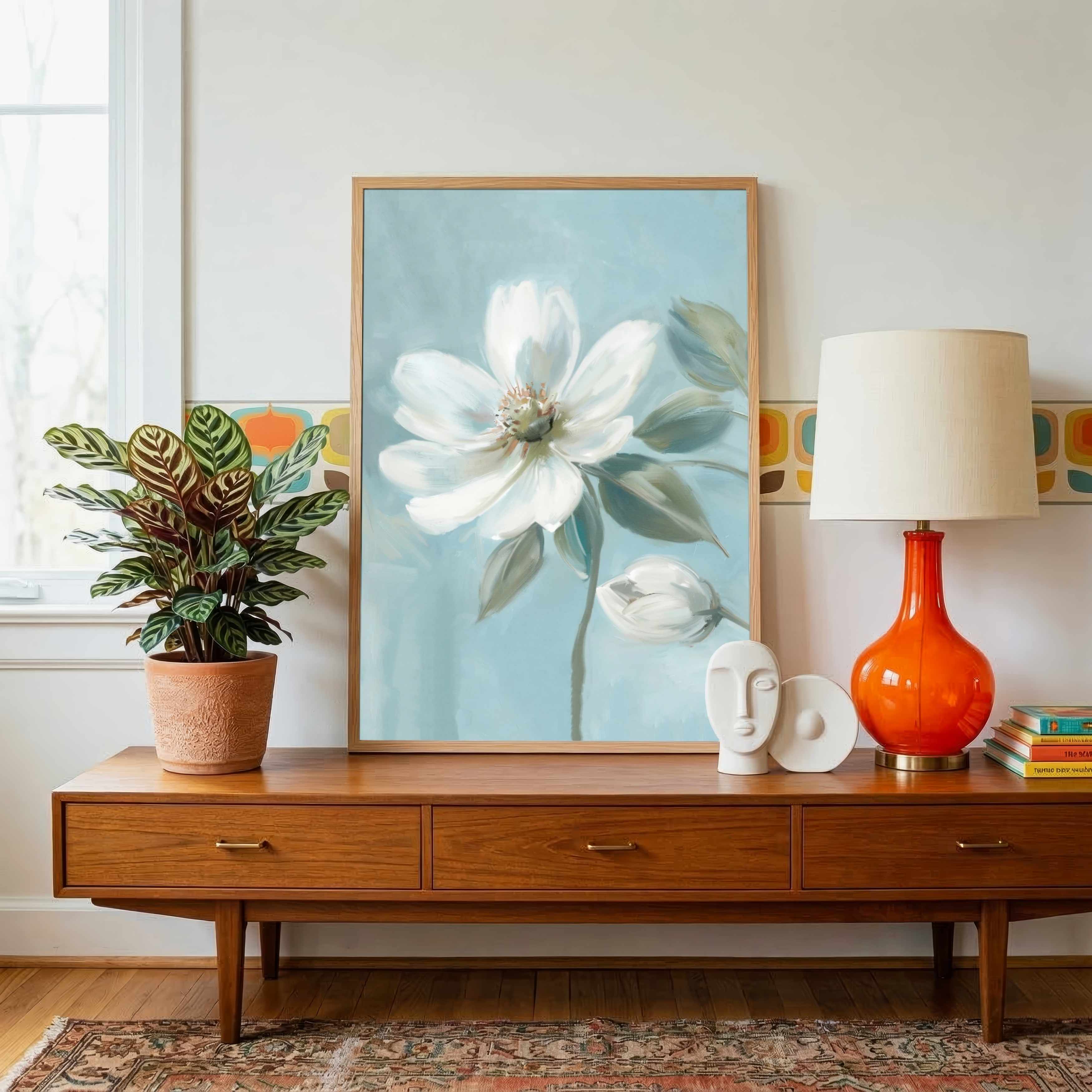 "Serene Blue Blossom" Classical Oil Painting Botanical Giclée Print | Fine Art Wall Art 3 : 4 Vertical Premium Wall Art Canvas by MeriDeewar