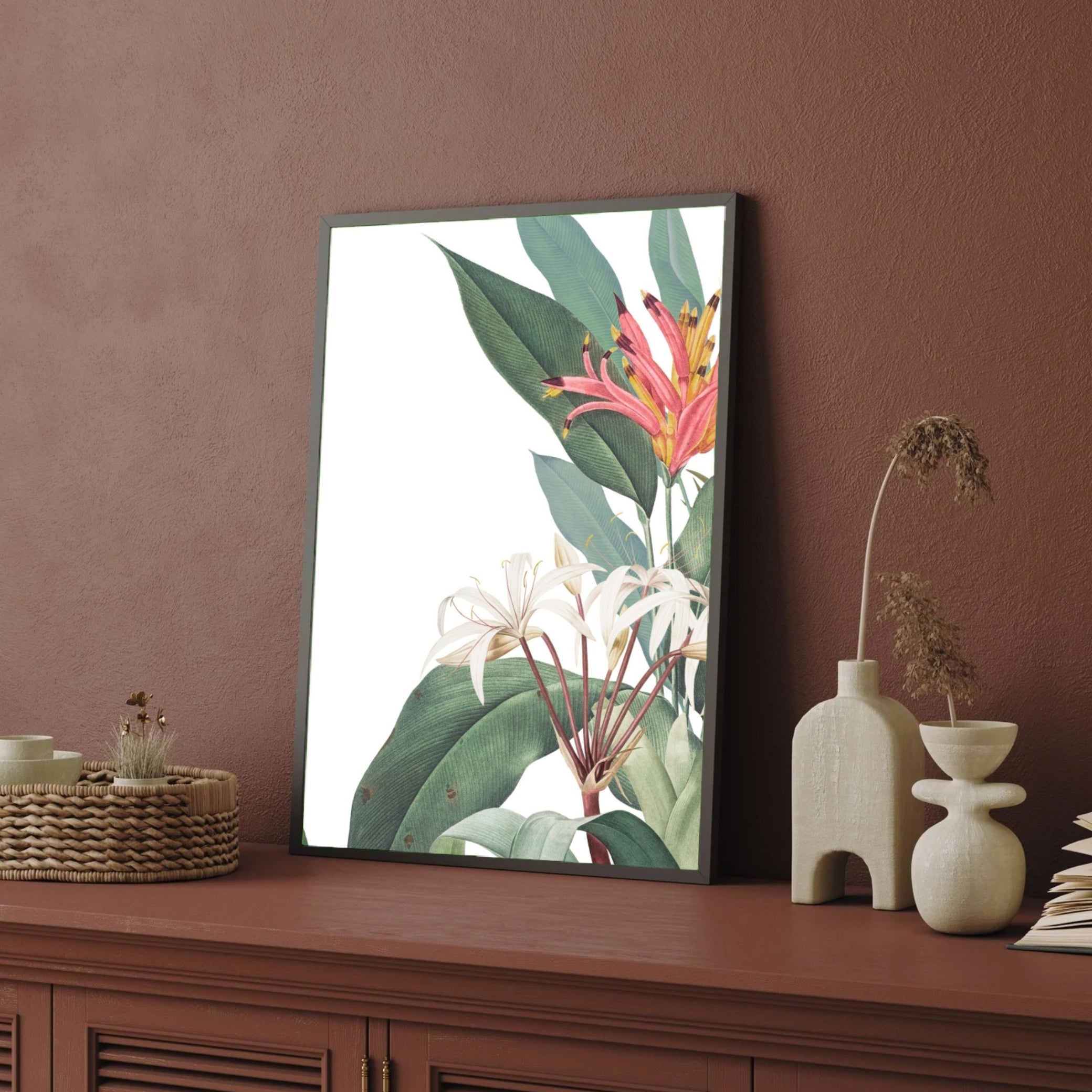 Serene Botanica – Minimal Tropical Flower Wall Art Print 2 : 3 Vertical Premium Wall Art Canvas by MeriDeewar