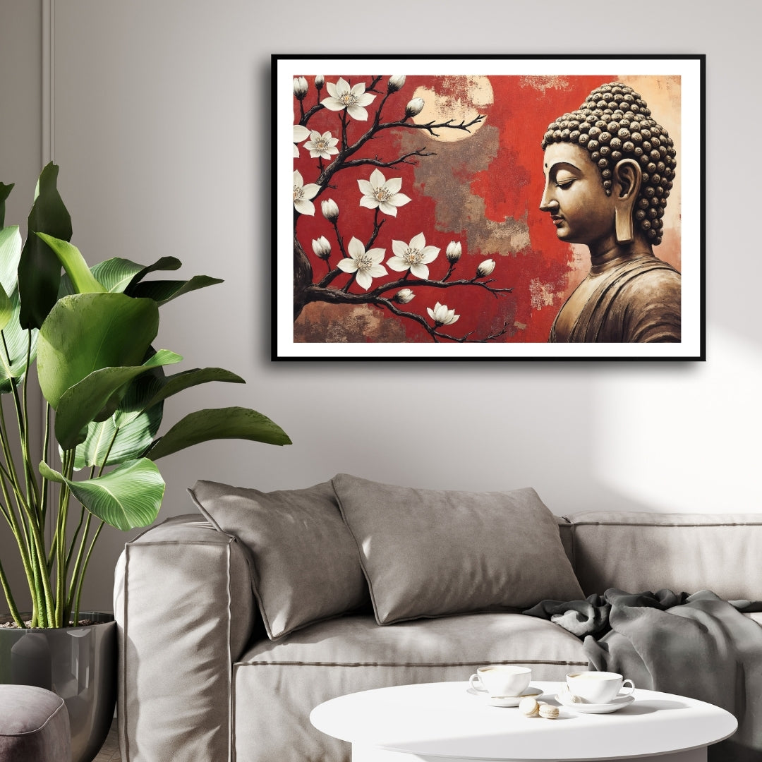 Serene Buddha with Blossoms – Spiritual Wall Art on Canvas 2 : 3 Horizontal Premium Wall Art Canvas by MeriDeewar