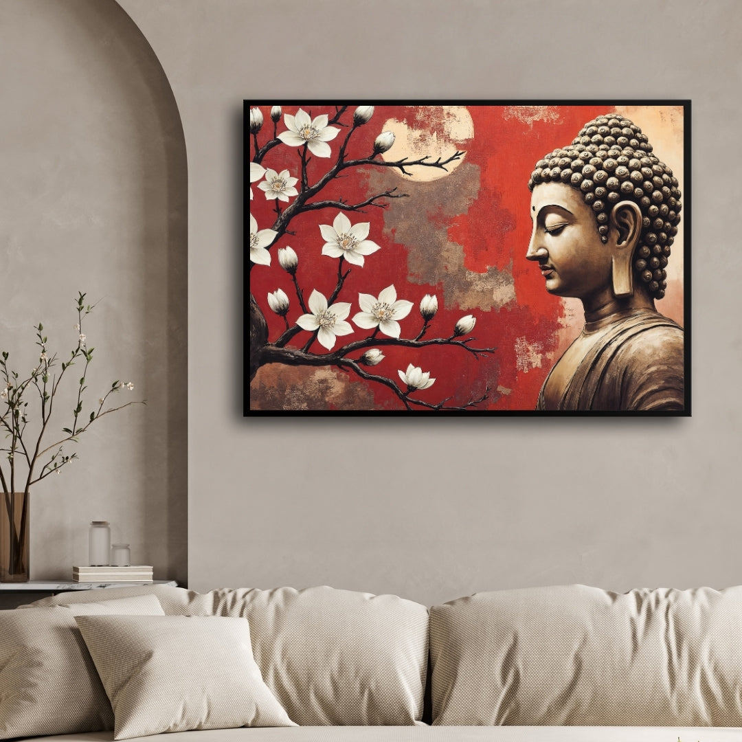 Serene Buddha with Blossoms – Spiritual Wall Art on Canvas 2 : 3 Horizontal Premium Wall Art Canvas by MeriDeewar